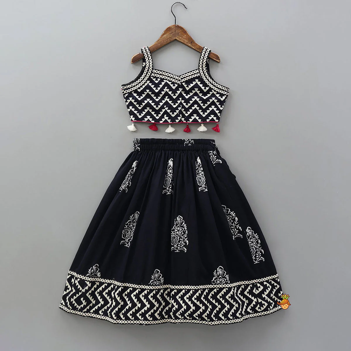 Chevron Printed Cotton Top And Lehenga With Matching Dupatta - Image 2