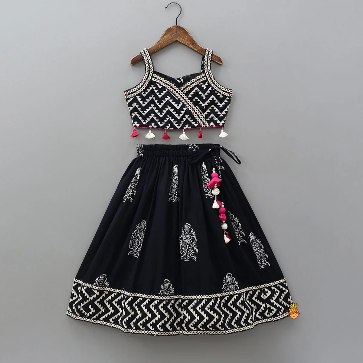Chevron Printed Cotton Top And Lehenga With Matching Dupatta - Image 3