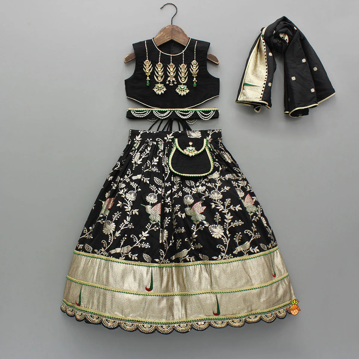 Classy Black Embellished Top And Flared Lehenga With Dupatta And Attached Pouch