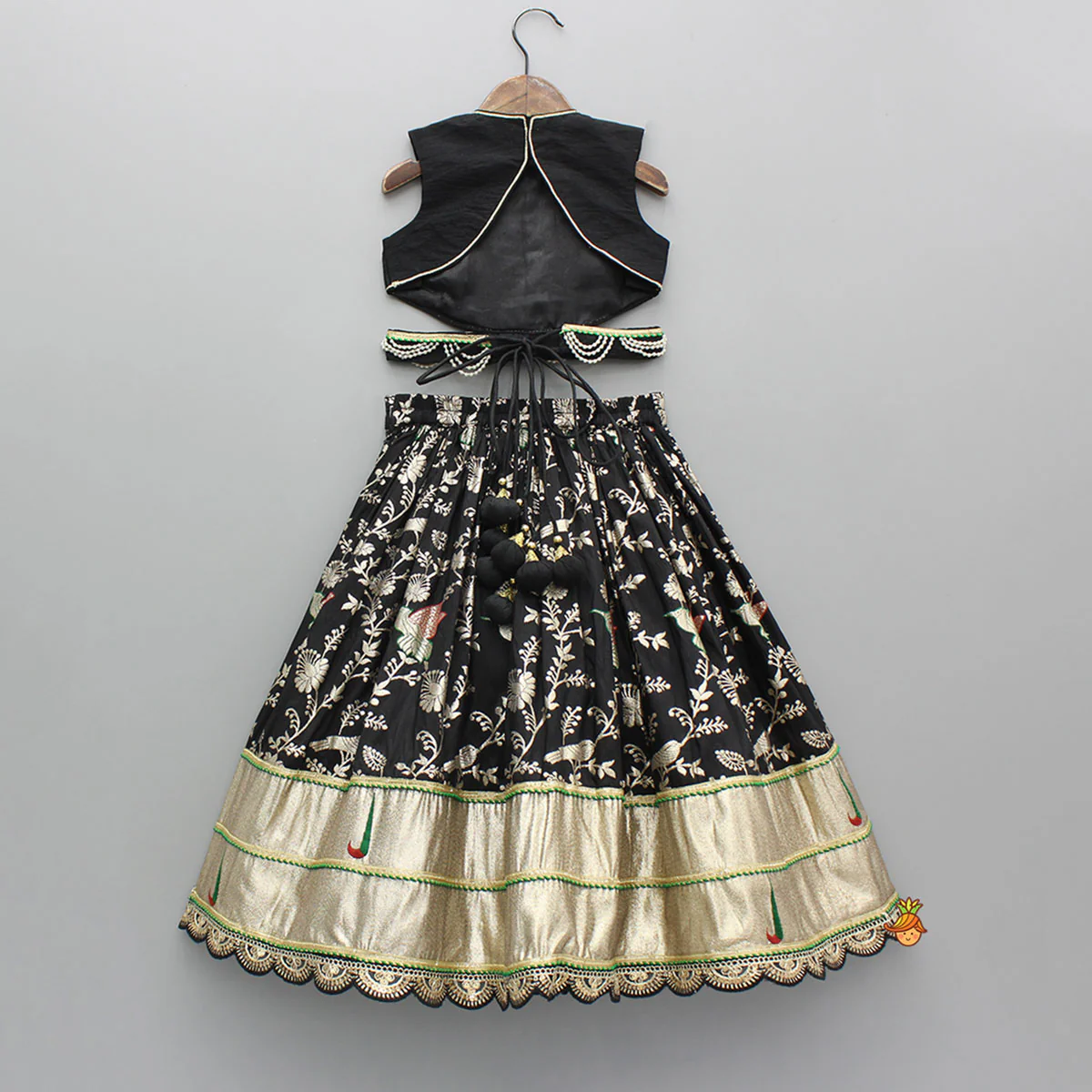 Classy Black Embellished Top And Flared Lehenga With Dupatta And Attached Pouch - Image 2