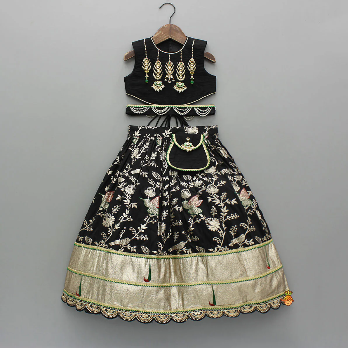 Classy Black Embellished Top And Flared Lehenga With Dupatta And Attached Pouch - Image 3