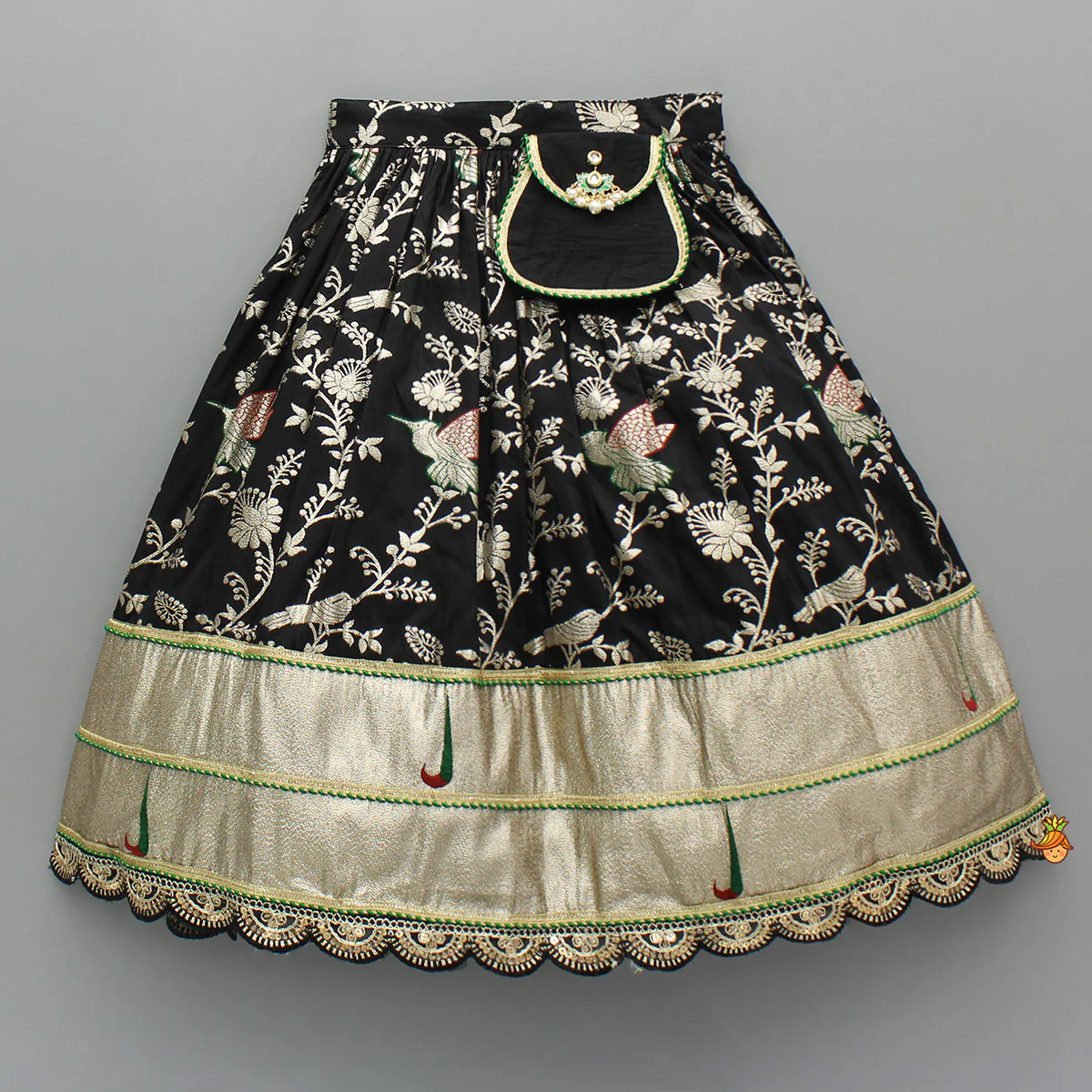 Classy Black Embellished Top And Flared Lehenga With Dupatta And Attached Pouch - Image 5