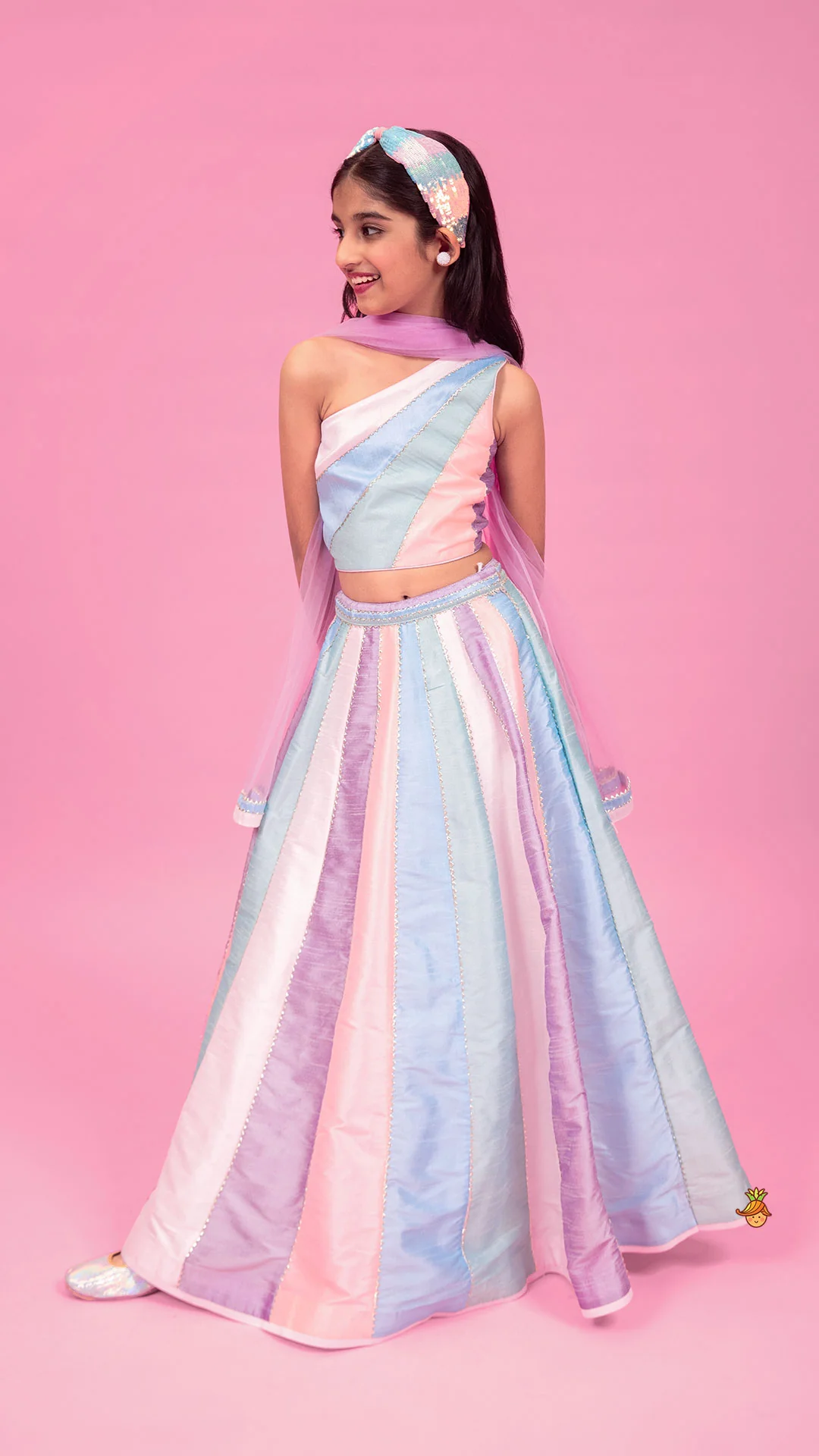 Colour Blocked Multicoloured Top With Lehenga And Dupatta - Image 2