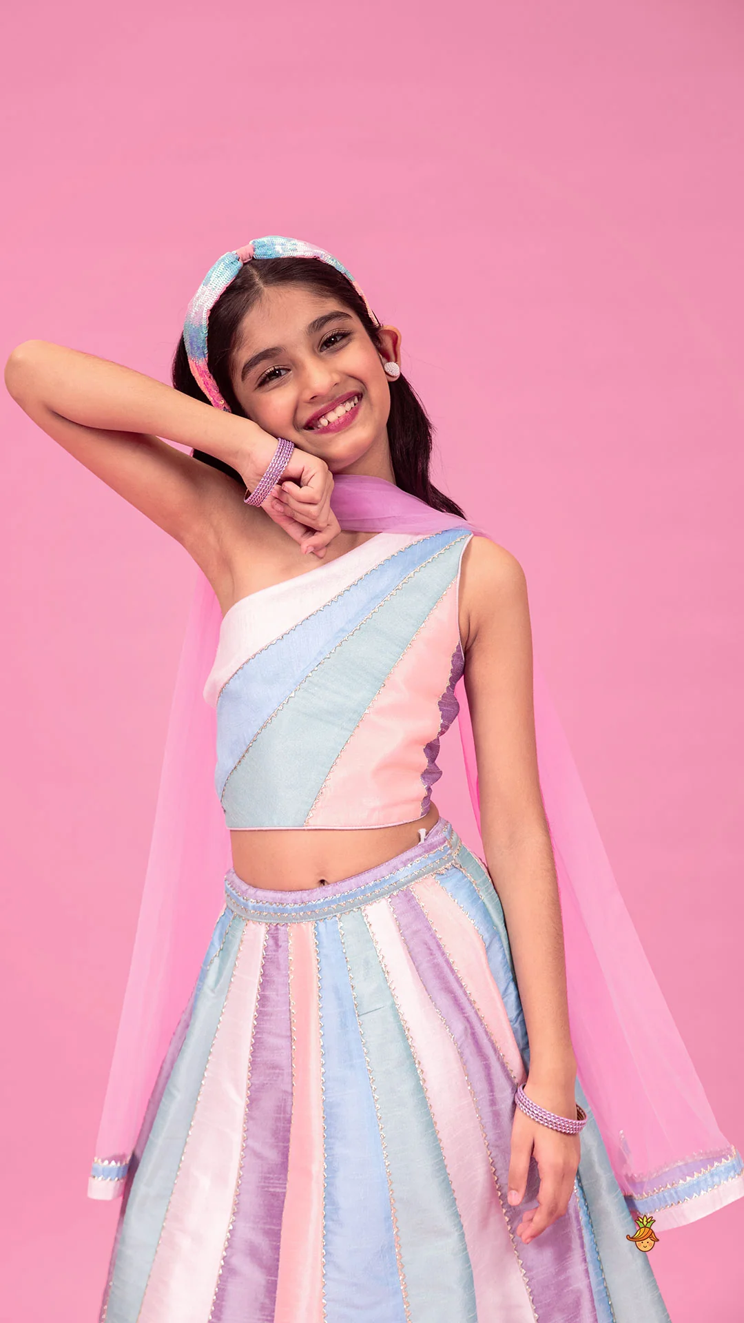 Colour Blocked Multicoloured Top With Lehenga And Dupatta - Image 5