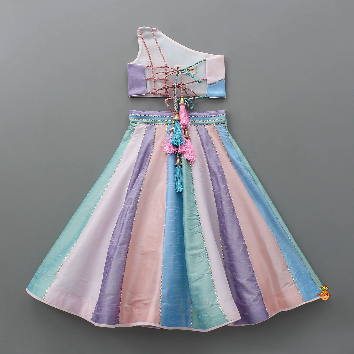 Colour Blocked Multicoloured Top With Lehenga And Dupatta - Image 8