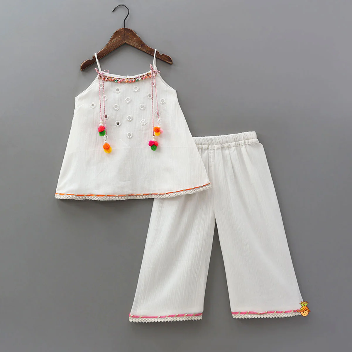 Colourful Pom Pom?Enhanced Top And Palazzo-Style Pant With Contrasting Dupatta - Image 3