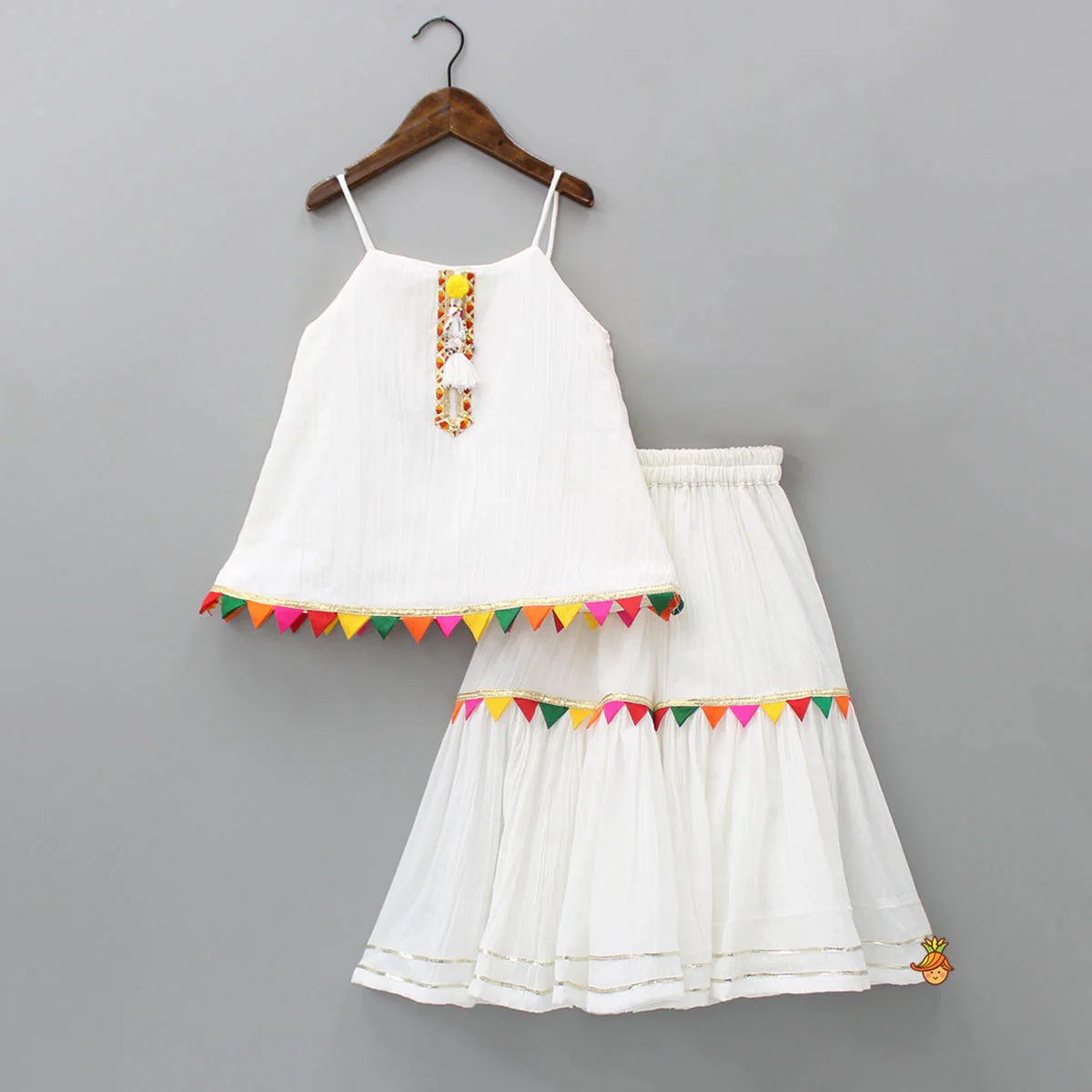 Colourful Triangles Lace Enhanced Flared Off White Top And Pleated Sharara With Contrasting Orange Leheriya Dupatta - Image 3