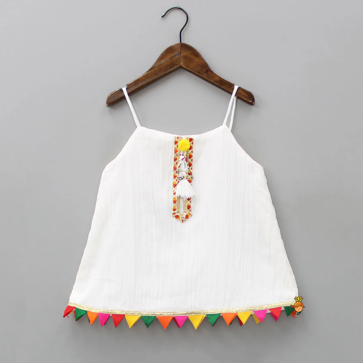 Colourful Triangles Lace Enhanced Flared Off White Top And Pleated Sharara With Contrasting Orange Leheriya Dupatta - Image 4