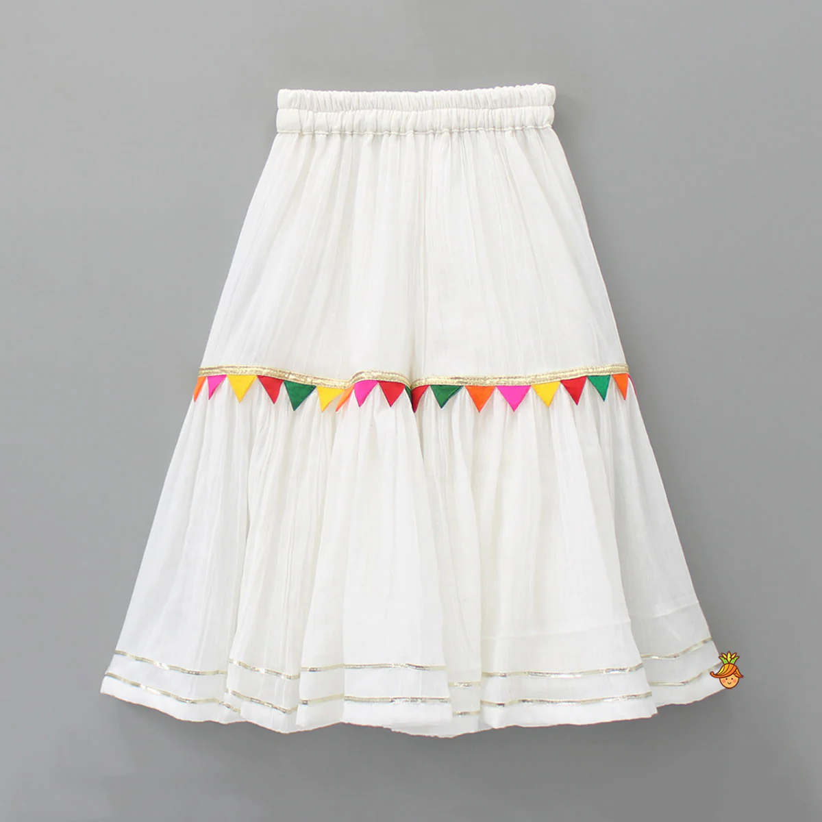 Colourful Triangles Lace Enhanced Flared Off White Top And Pleated Sharara With Contrasting Orange Leheriya Dupatta - Image 5