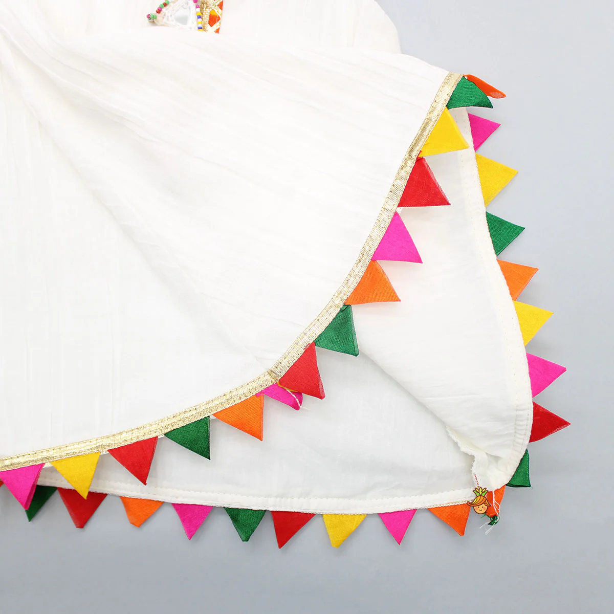 Colourful Triangles Lace Enhanced Flared Off White Top And Pleated Sharara With Contrasting Orange Leheriya Dupatta - Image 6