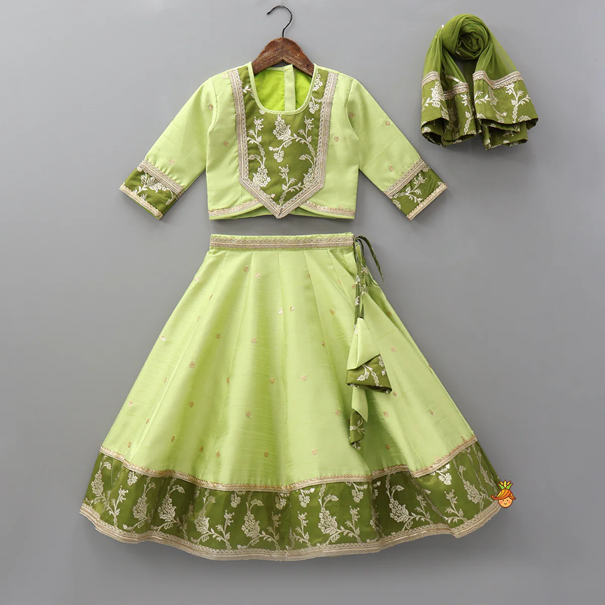 Contrast Yoke Top With Lehenga And Net Dupatta