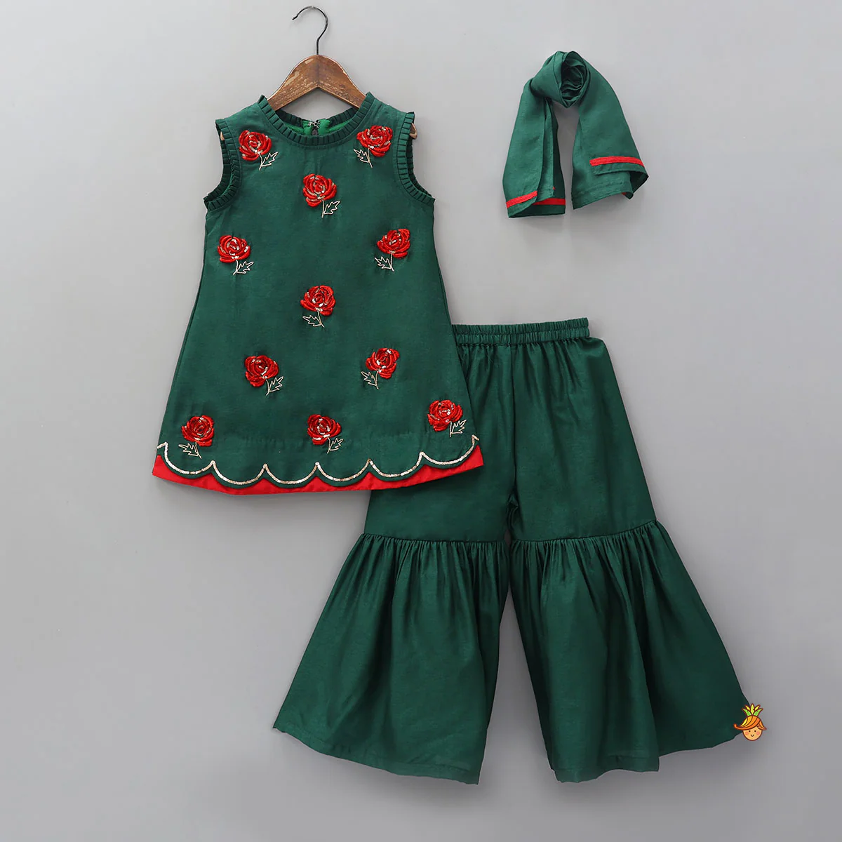 Contrasting Flowers Embroidered Kurti And Sharara With Matching Dupatta