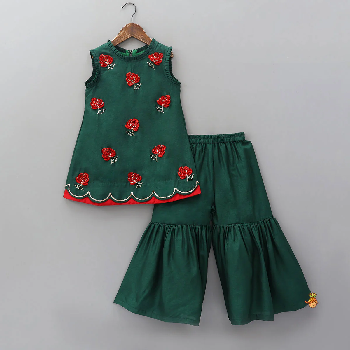 Contrasting Flowers Embroidered Kurti And Sharara With Matching Dupatta - Image 3