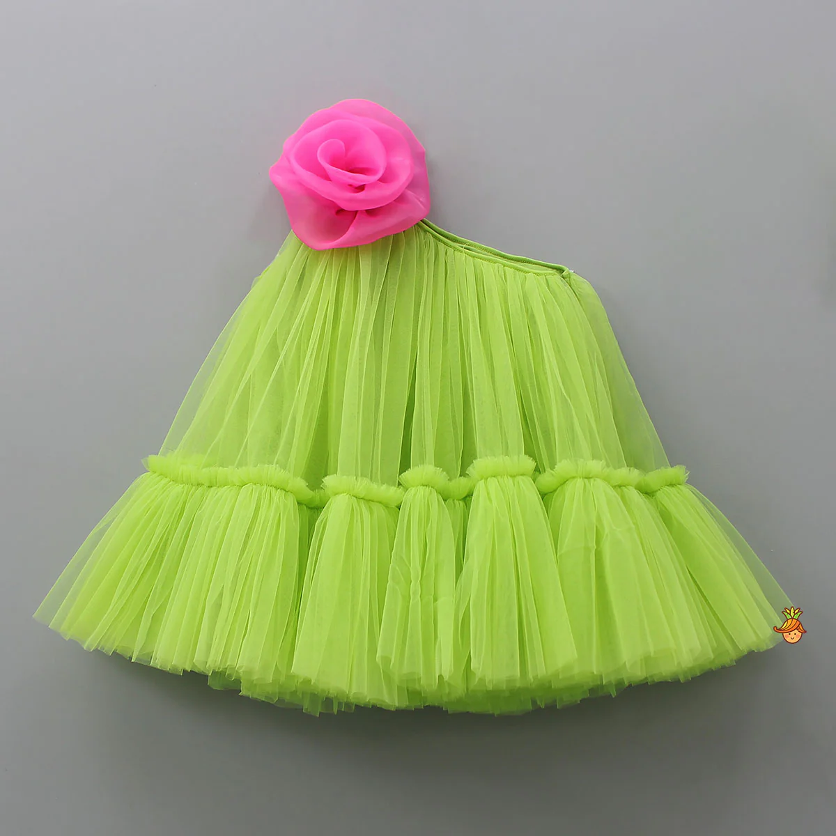 Contrasting Rose Adorned One Shoulder Green Dress With Matching Knot Detail Hair Band - Image 3