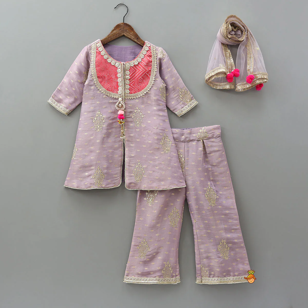 Contrasting Yoke Front Slit Kurti With Pant And Dupatta