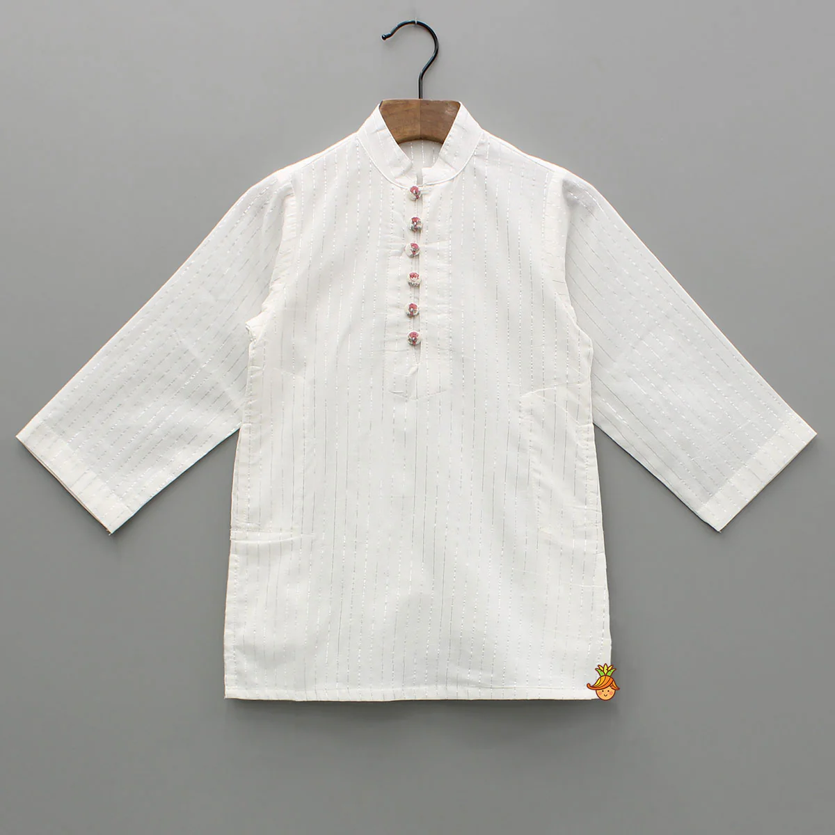 Cotton Lurex Striped White Kurta And Pyjama - Image 3