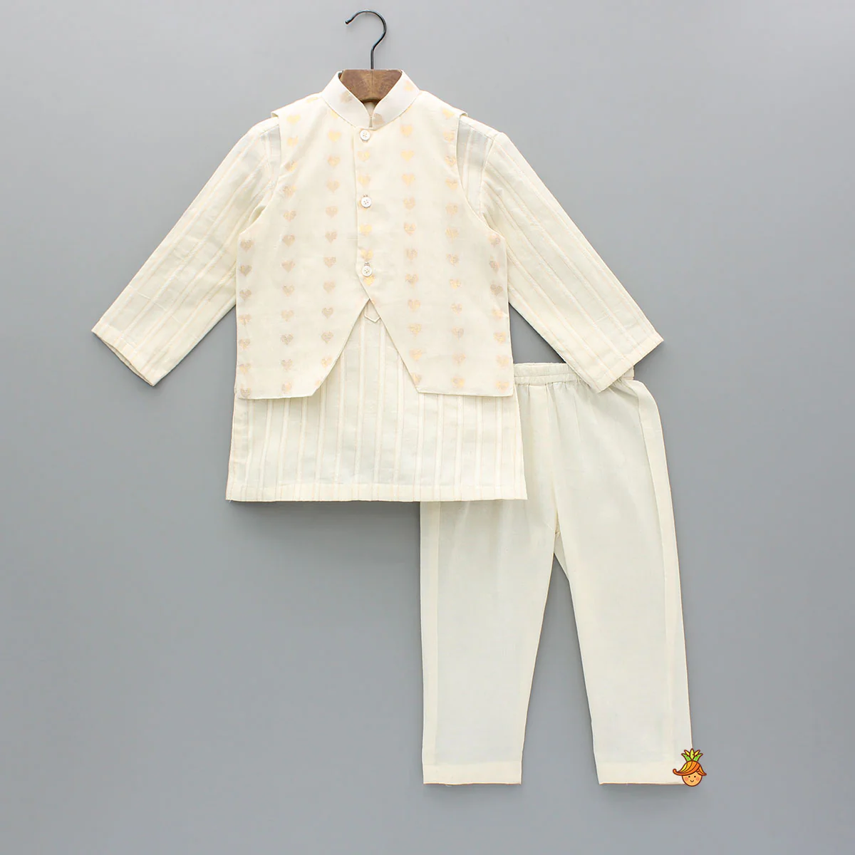 Cream Kurta And Heart Embroidered Jacket With Pyjama