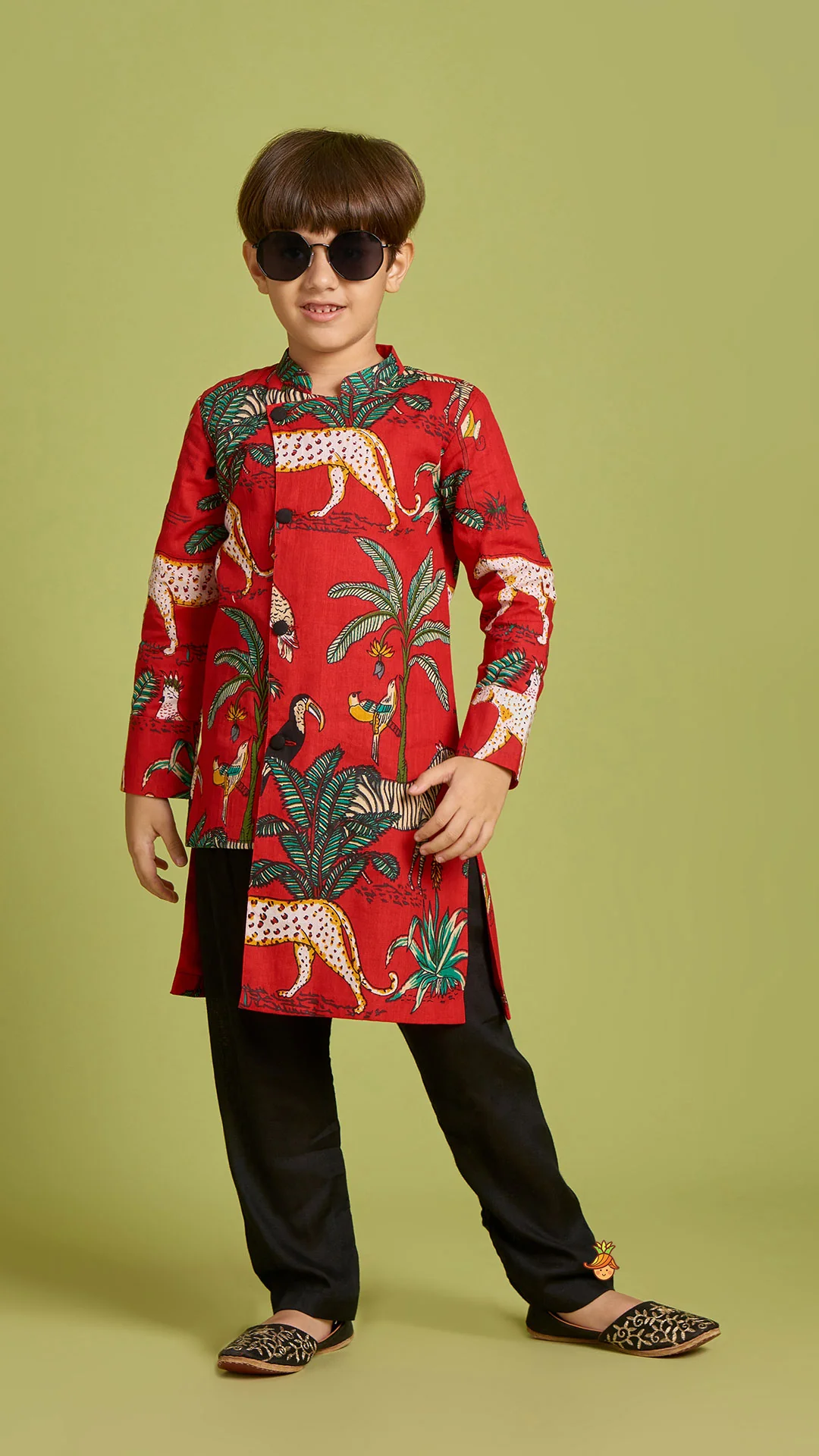 Crimson Red Jungle Theme Printed Asymmetric Kurta And Black Pyjama - Image 2