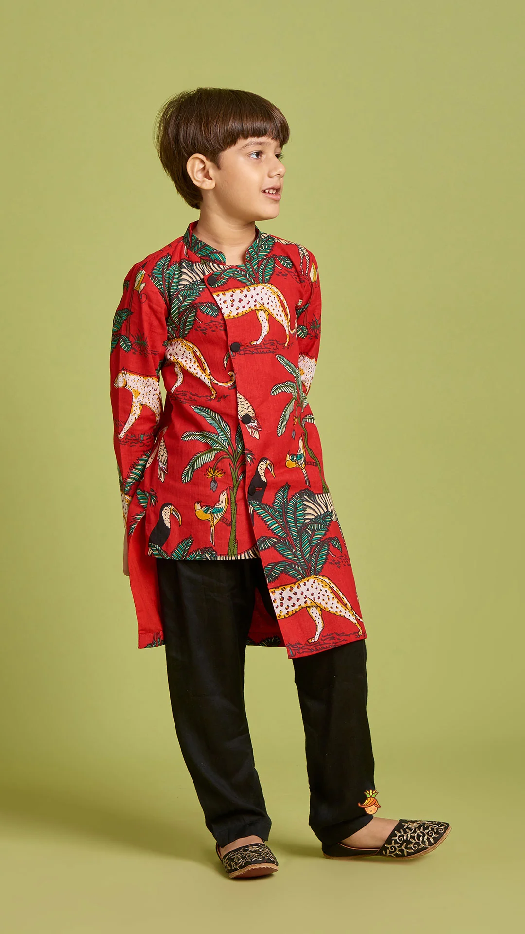 Crimson Red Jungle Theme Printed Asymmetric Kurta And Black Pyjama - Image 3