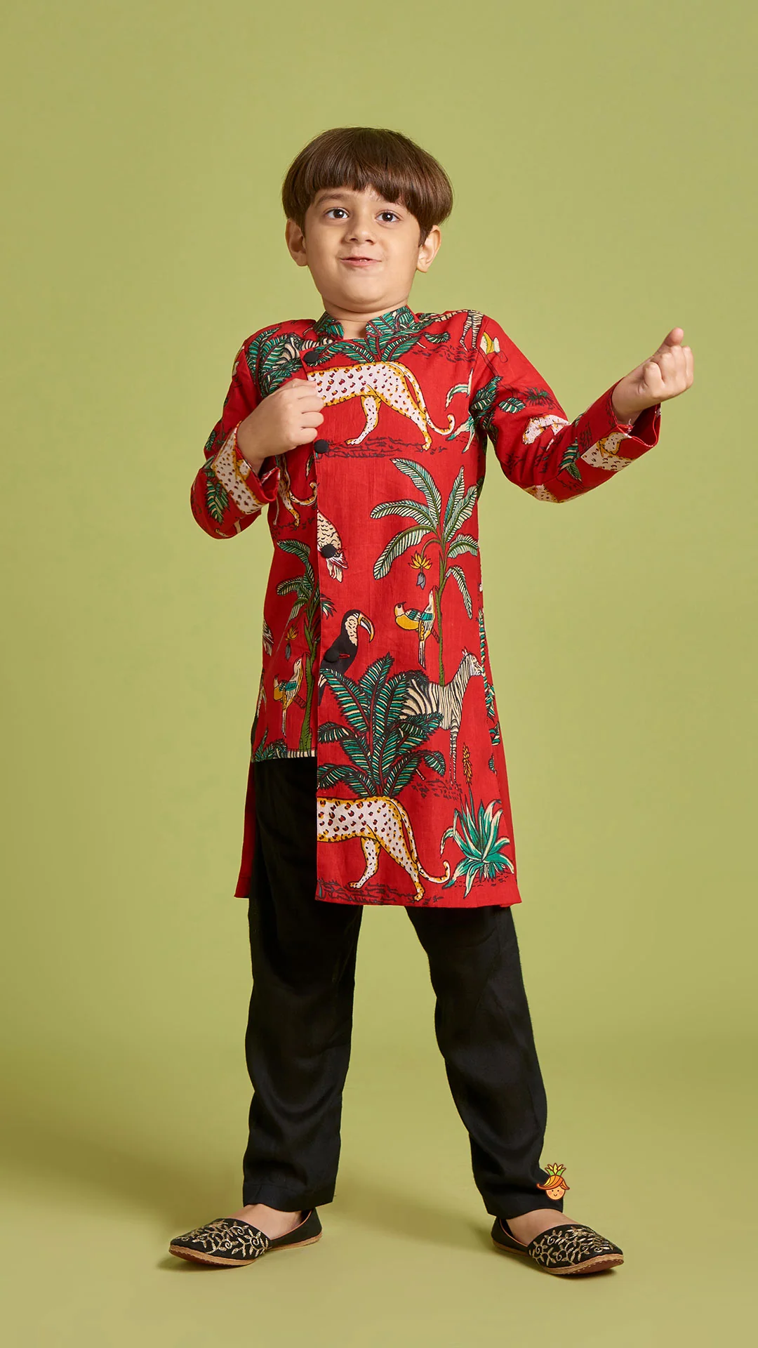 Crimson Red Jungle Theme Printed Asymmetric Kurta And Black Pyjama - Image 4