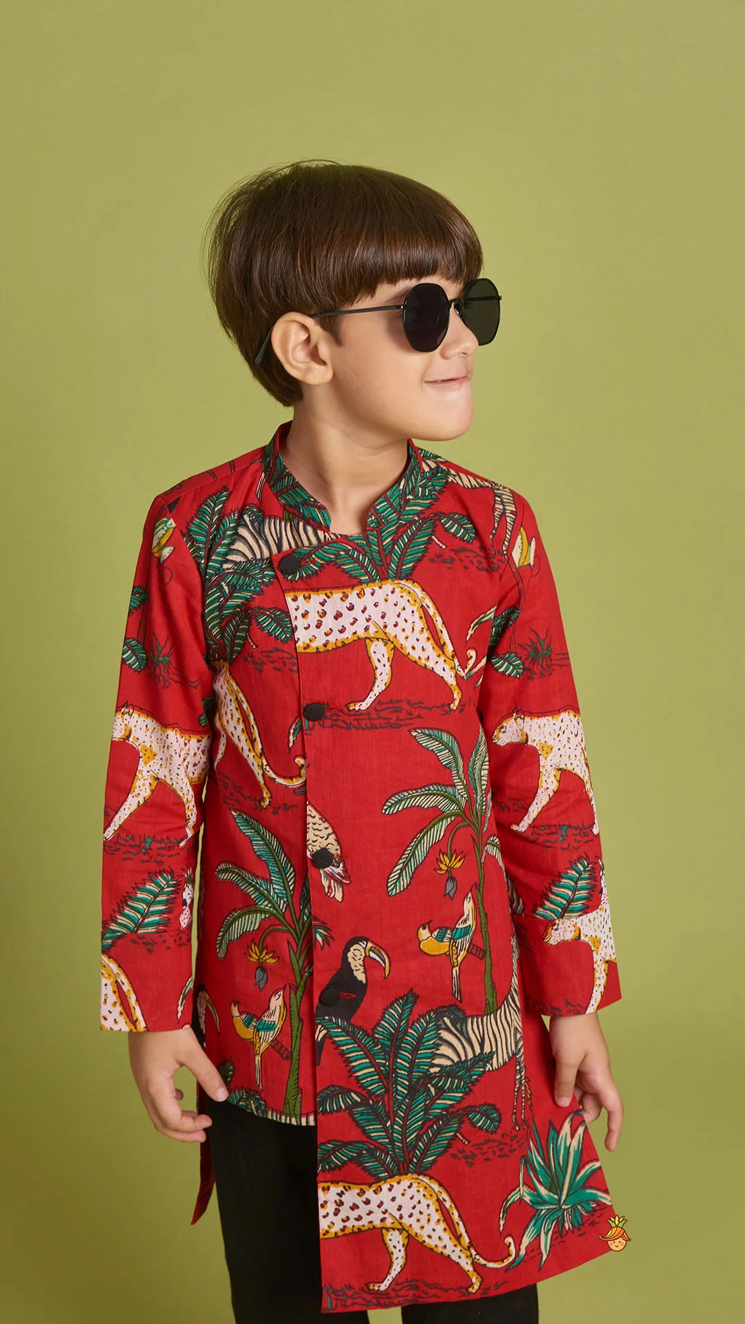 Crimson Red Jungle Theme Printed Asymmetric Kurta And Black Pyjama - Image 5