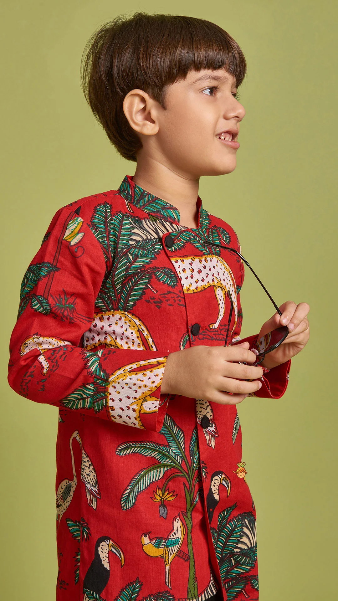 Crimson Red Jungle Theme Printed Asymmetric Kurta And Black Pyjama - Image 6