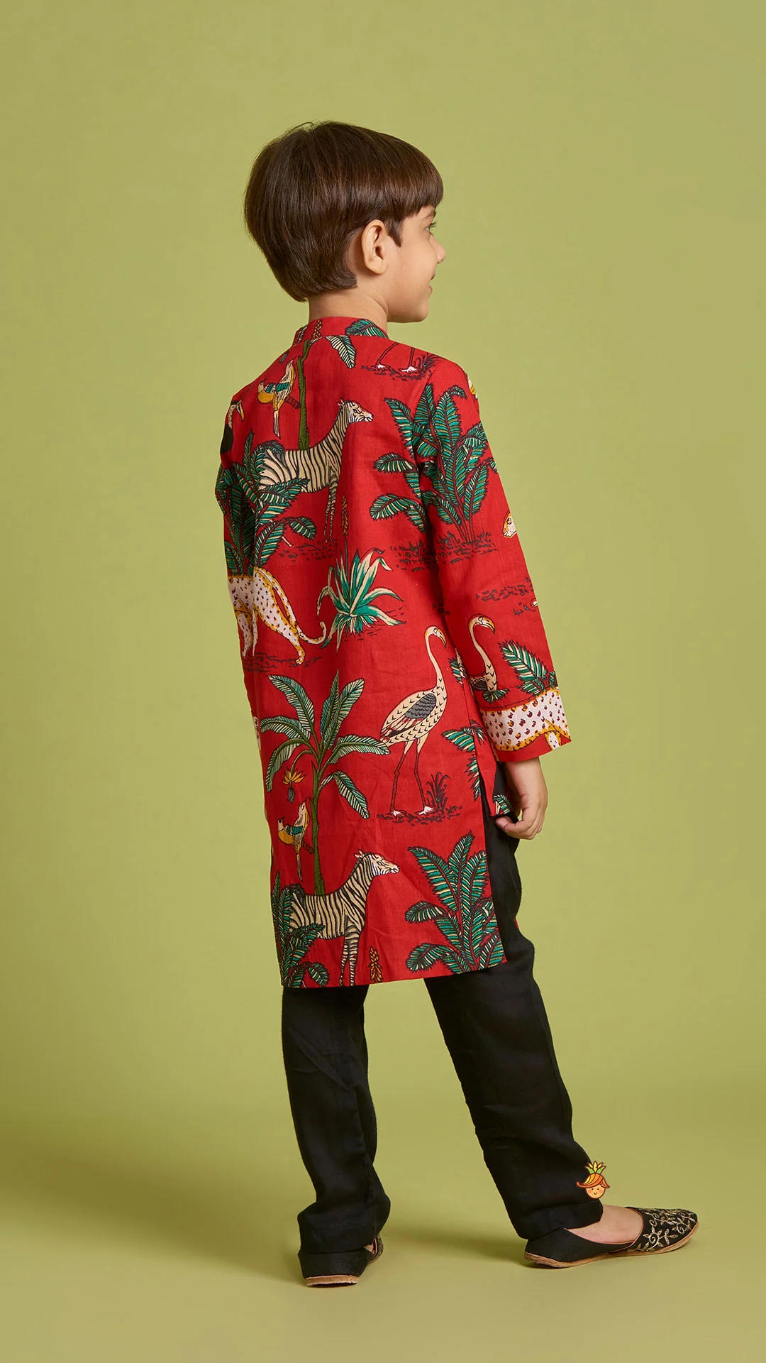 Crimson Red Jungle Theme Printed Asymmetric Kurta And Black Pyjama - Image 7