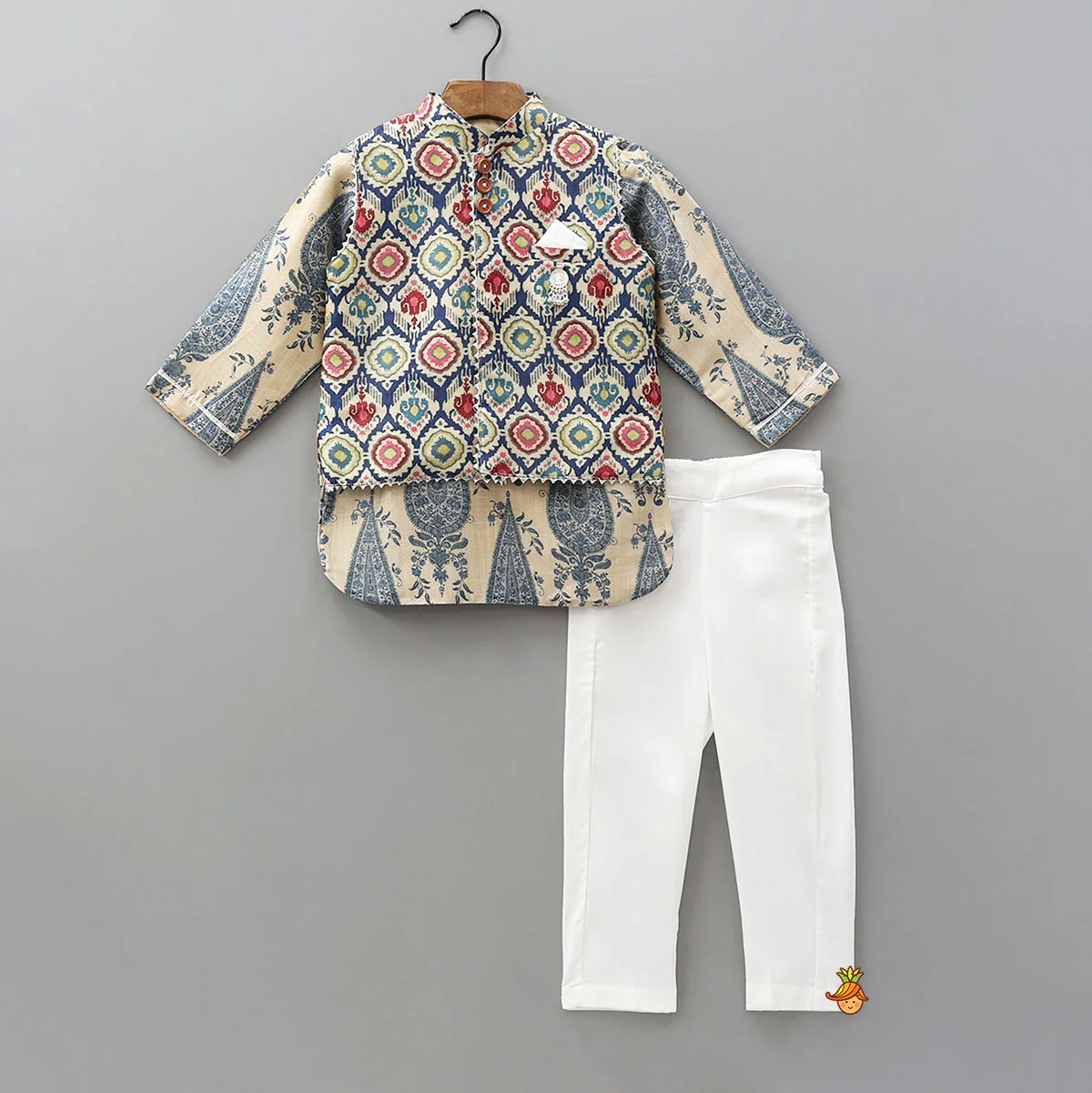 Curved Hem Kurta With Printed Jacket And Pyjama