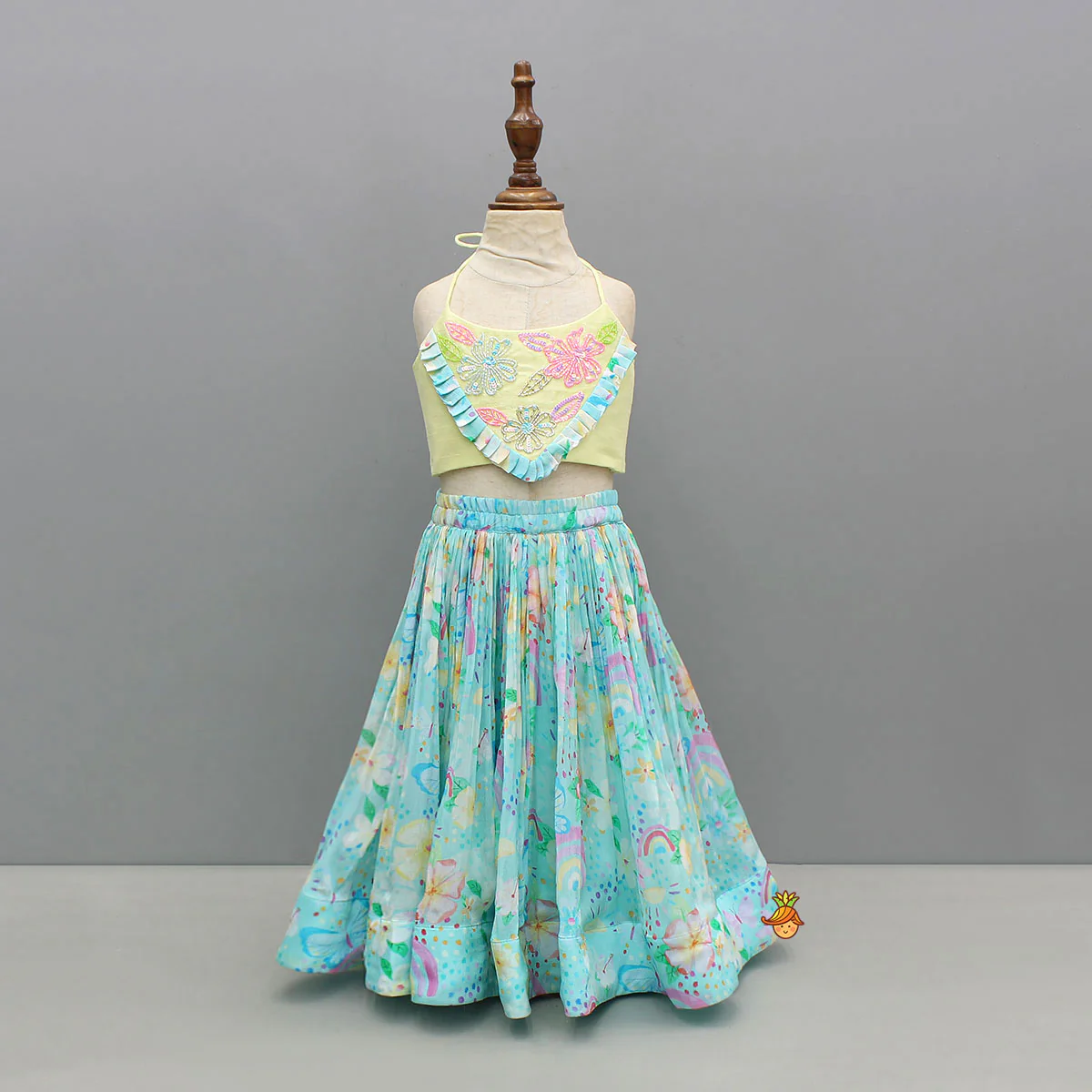 Cut-Dana Floral Embroidered Top With Printed Lehenga
