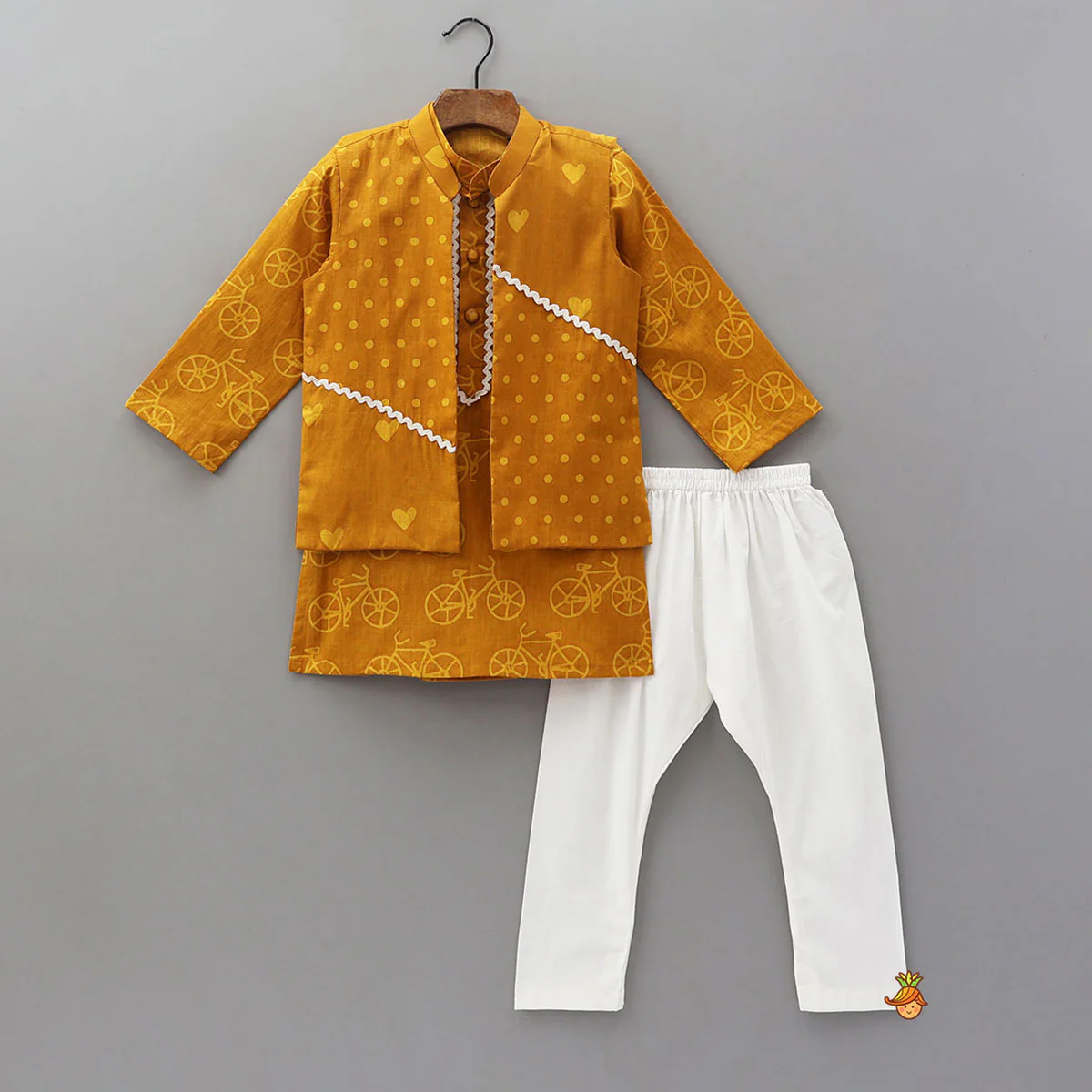 Cycle Print Kurta With Heart And Polka Dot Jacket With Pyjama