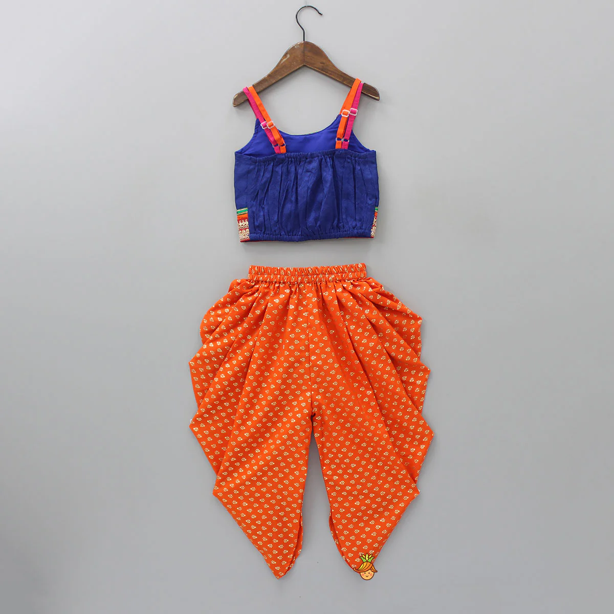 Dark Blue Top And Orange Dhoti - Image 2