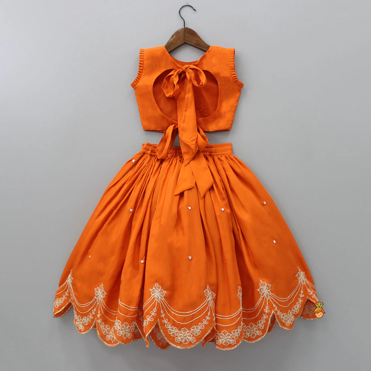 Dual Back Knot Detail Orange Top And Tassels Enhanced Lehenga - Image 2