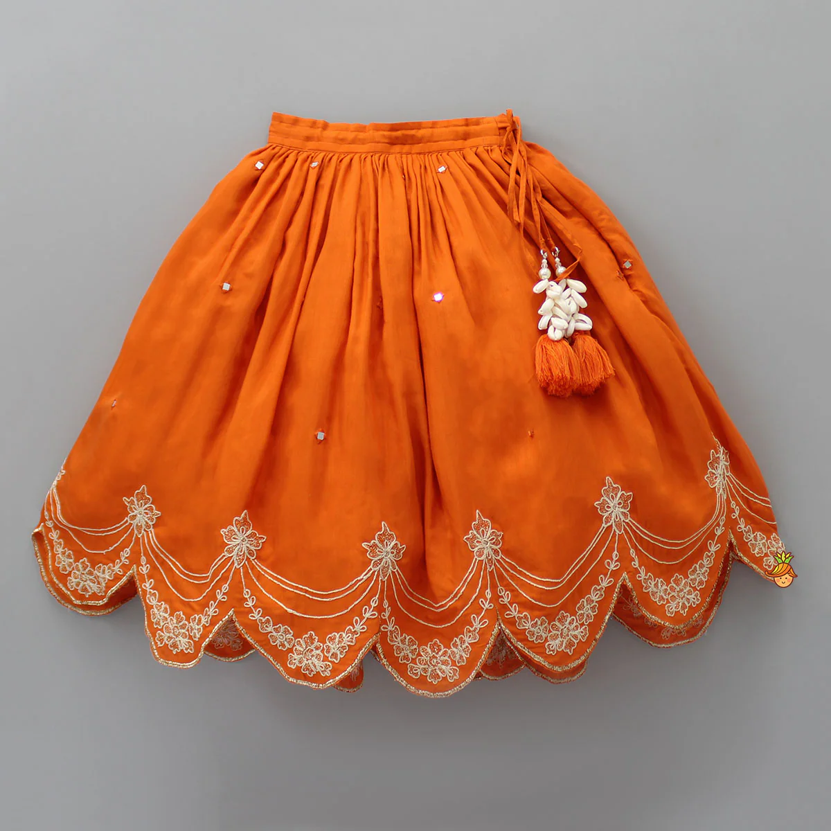 Dual Back Knot Detail Orange Top And Tassels Enhanced Lehenga - Image 4
