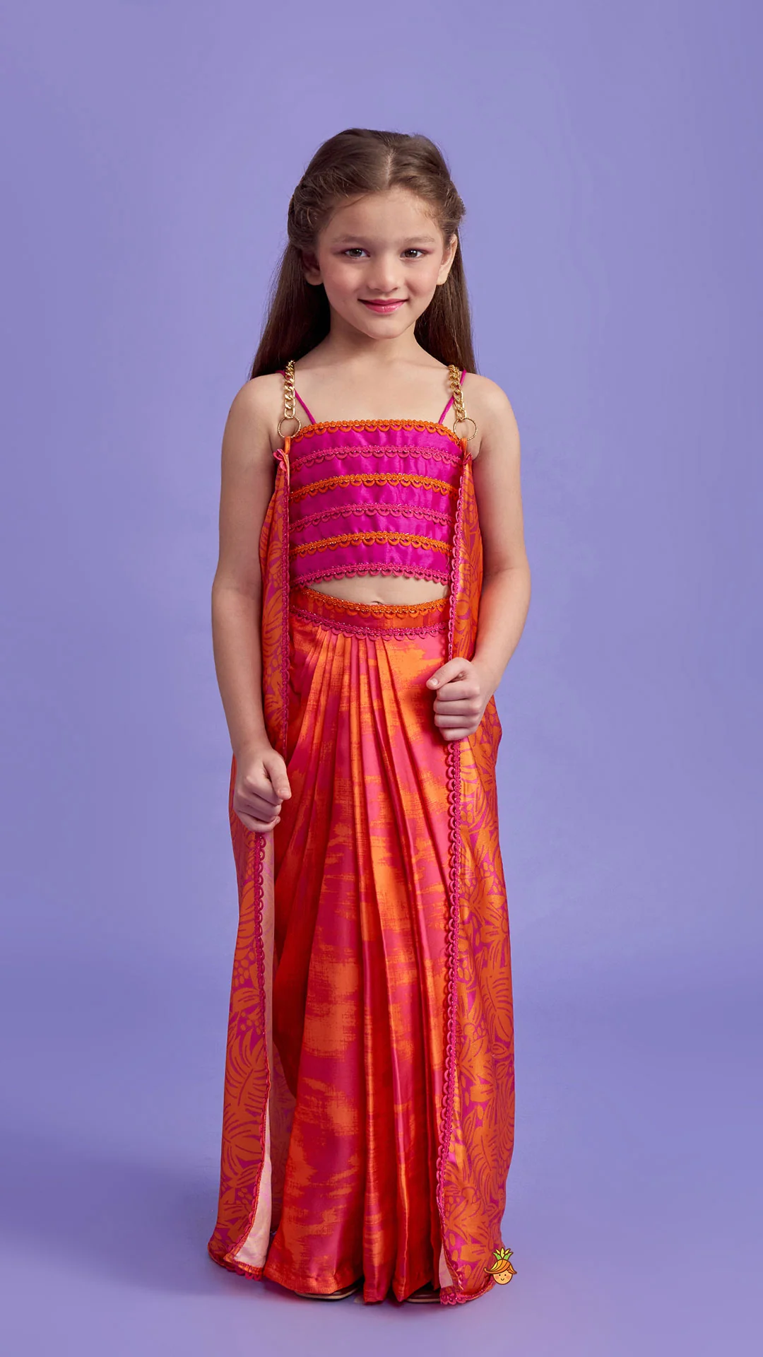 Dual Colour Top And Stylish Dhoti Skirt With Matching Cape And Hairband - Image 2