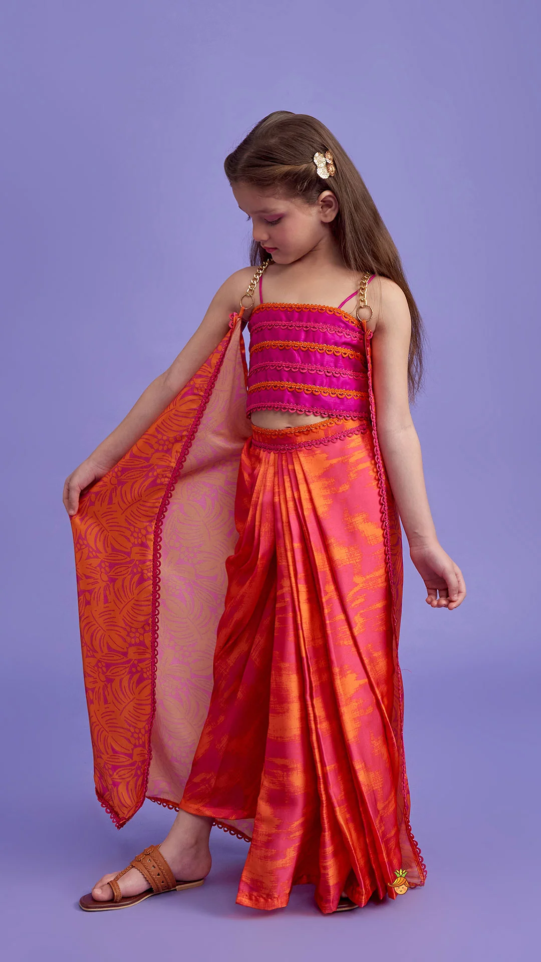 Dual Colour Top And Stylish Dhoti Skirt With Matching Cape And Hairband - Image 3