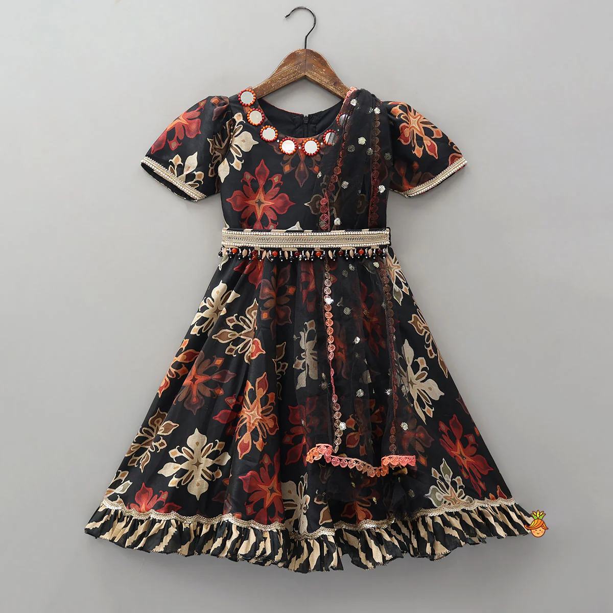 Elegant Anarkali With Attached Net Dupatta And Waist Belt