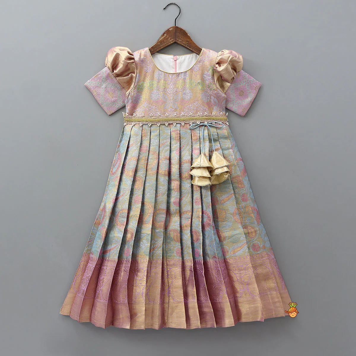 Elegant Brocade Puffed Sleeve Dress With Detachable Waistband