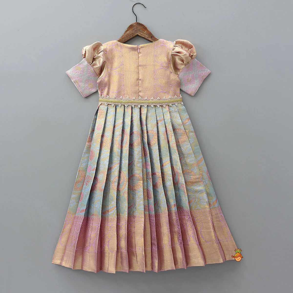 Elegant Brocade Puffed Sleeve Dress With Detachable Waistband - Image 2