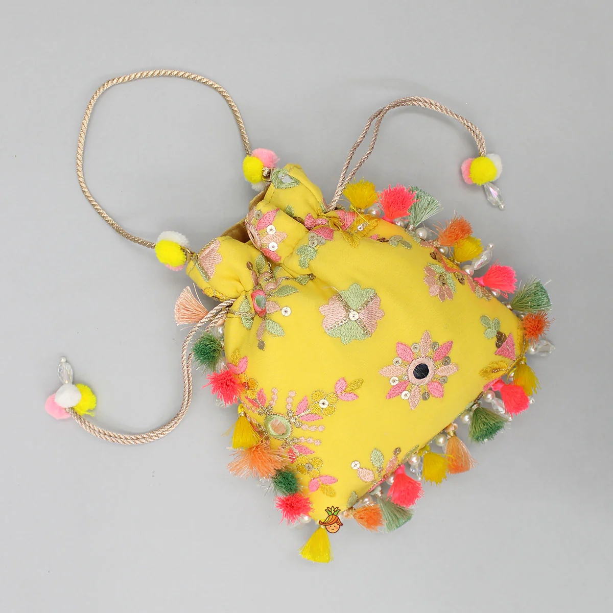 Elegant Embroidered Fringed Yellow Potli Bag - Image 2