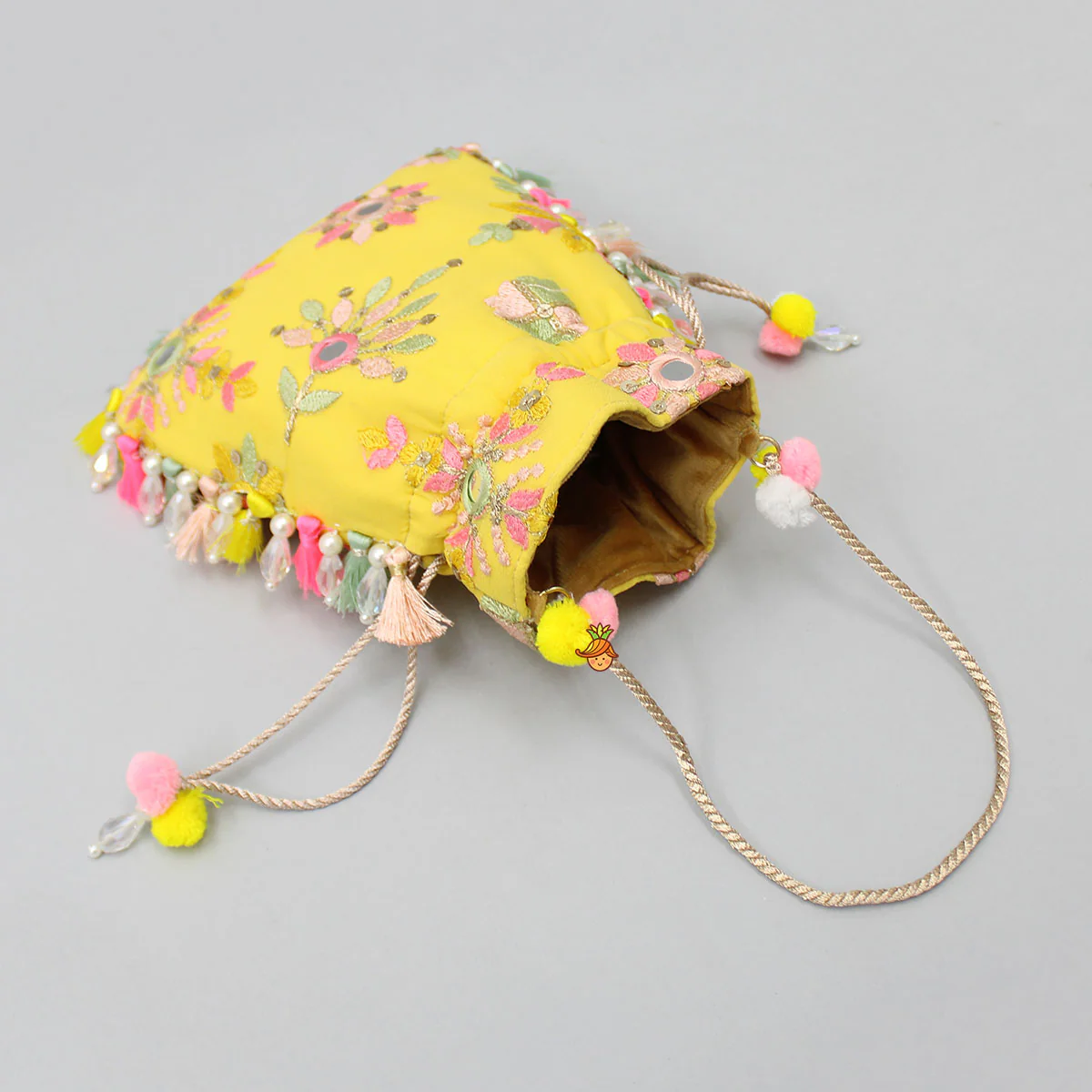 Elegant Embroidered Fringed Yellow Potli Bag - Image 3