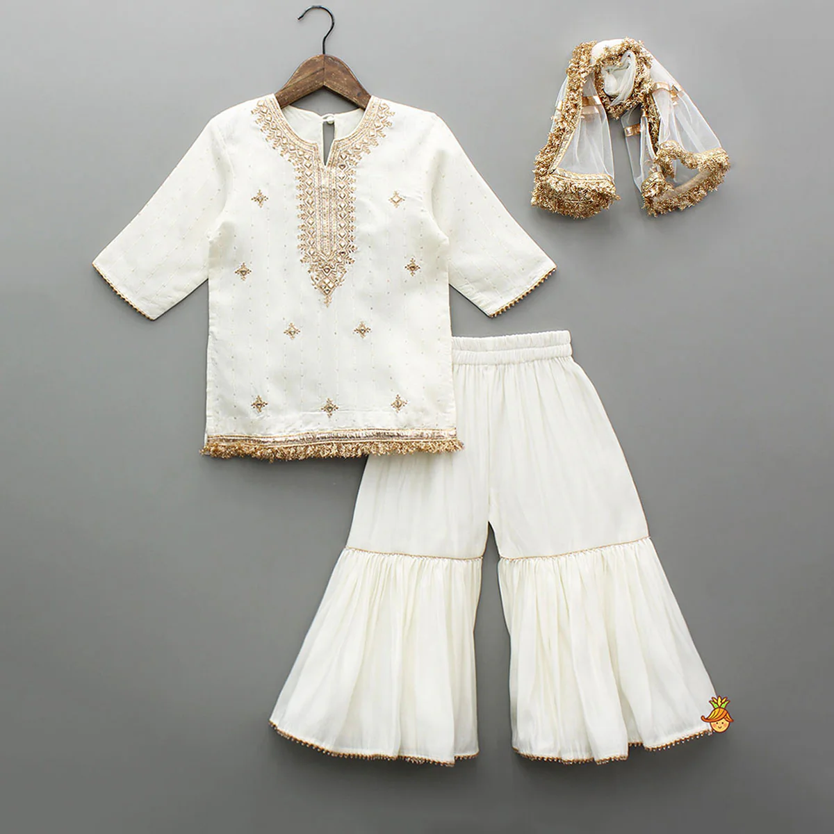 Elegant Faux Mirror Embroidered Chanderi Kurti With Sharara And Dupatta