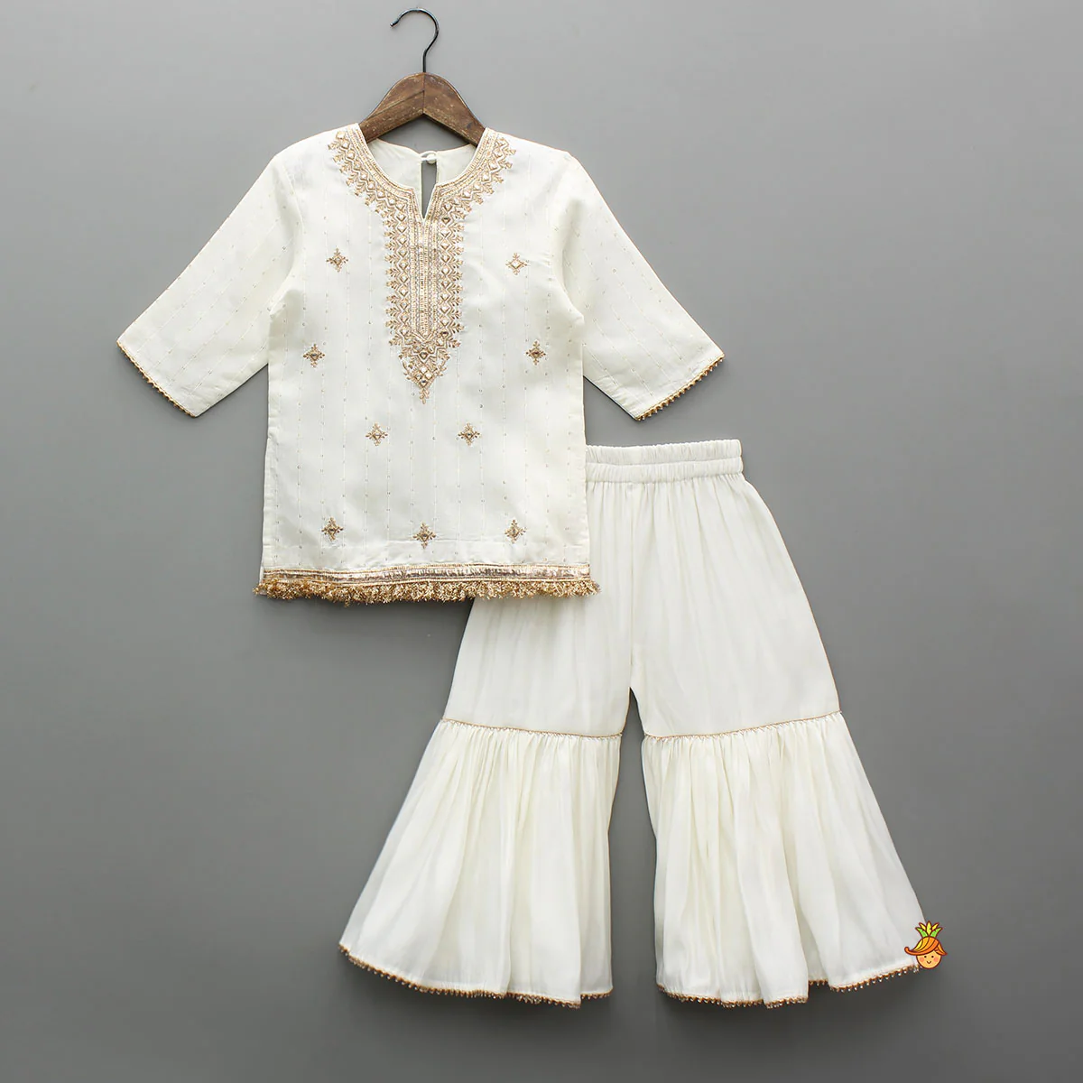 Elegant Faux Mirror Embroidered Chanderi Kurti With Sharara And Dupatta - Image 3