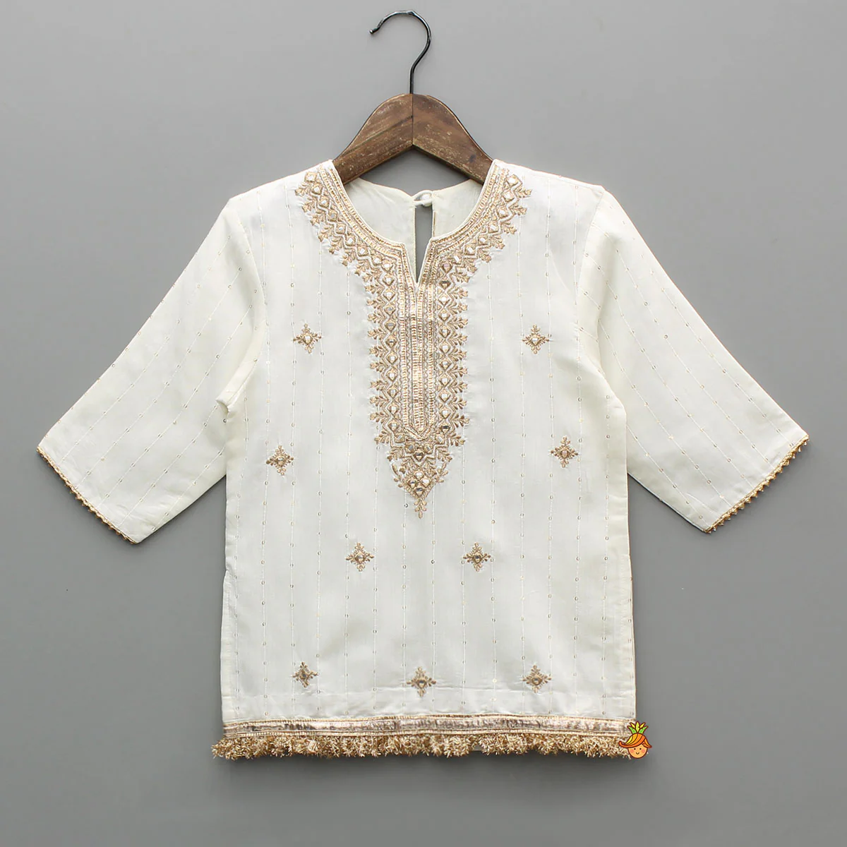 Elegant Faux Mirror Embroidered Chanderi Kurti With Sharara And Dupatta - Image 4