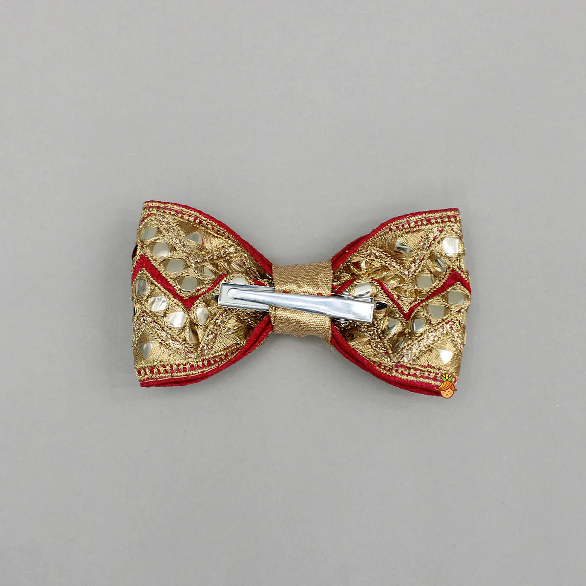 Elegant Faux Mirror Embroidered Zari Detailed Bow Hair Clip - Image 2