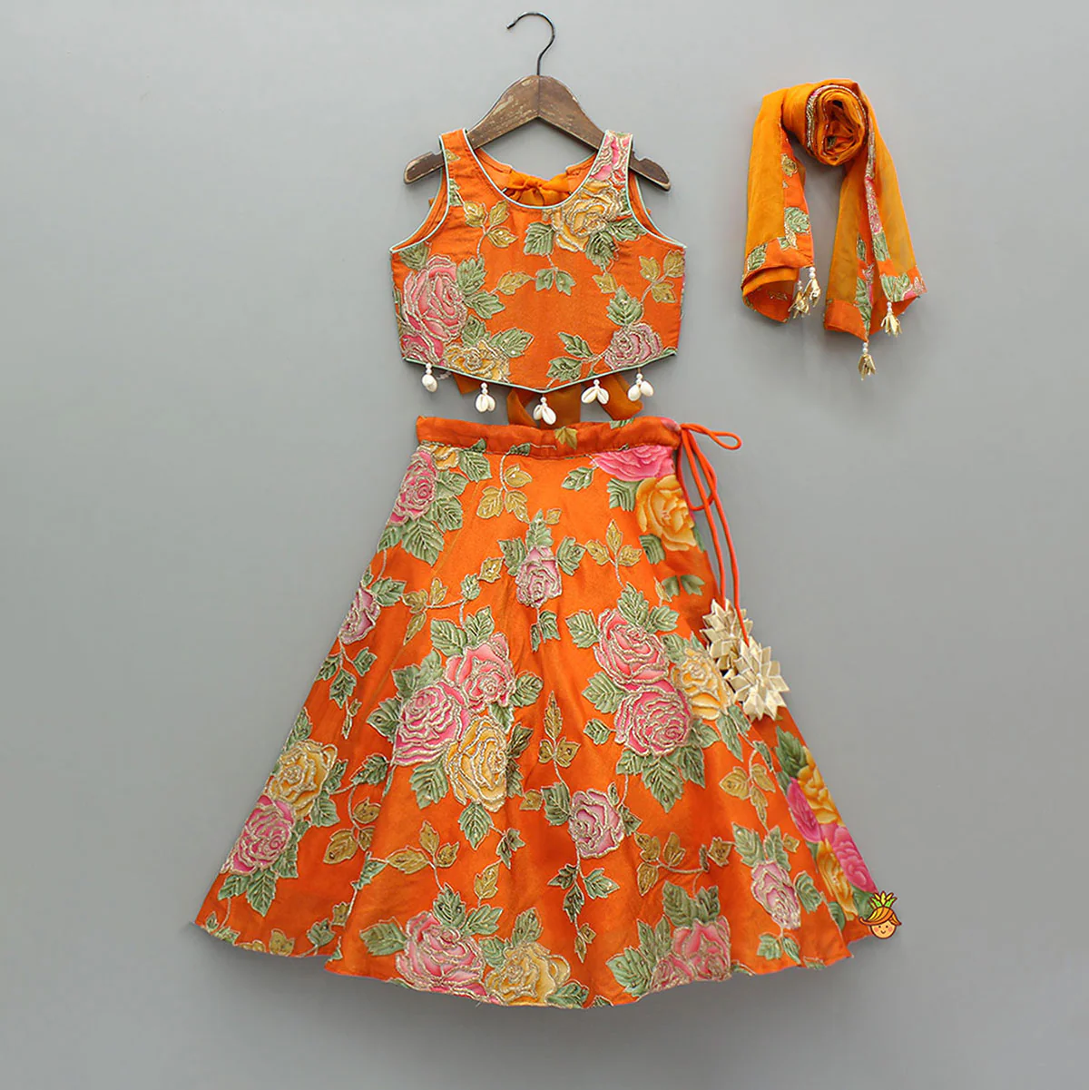 Elegant Orange Floral Printed Top With Lehenga And Dupatta