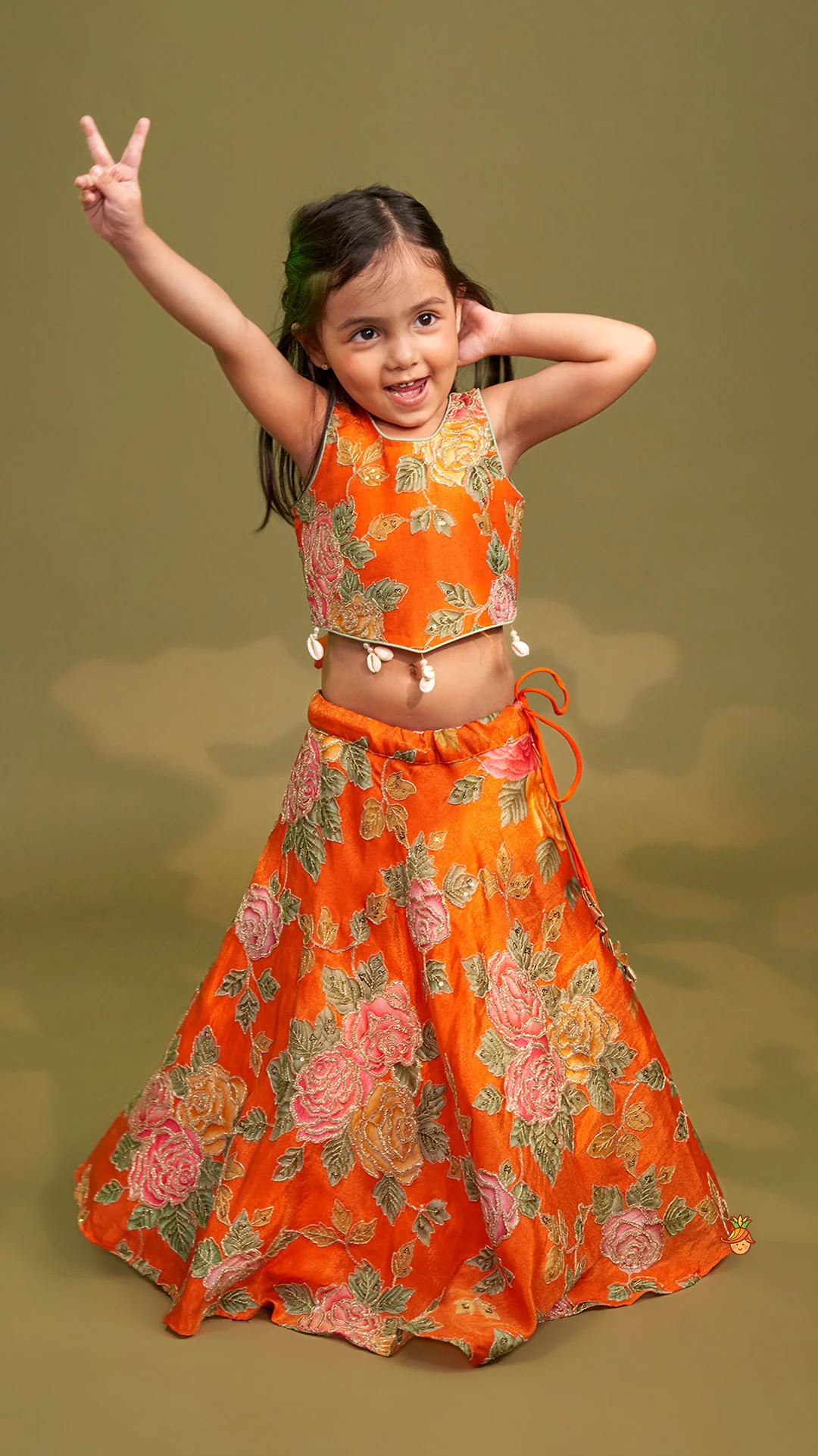 Elegant Orange Floral Printed Top With Lehenga And Dupatta - Image 2