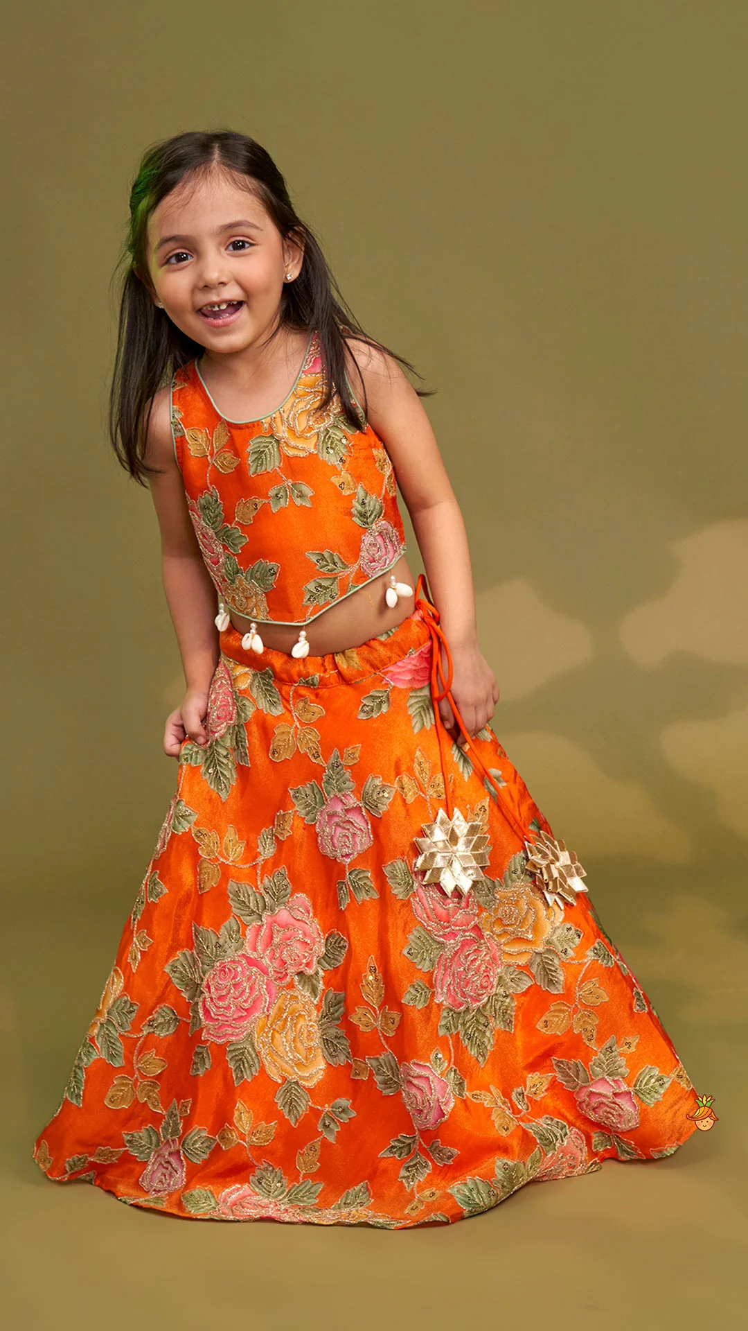 Elegant Orange Floral Printed Top With Lehenga And Dupatta - Image 3