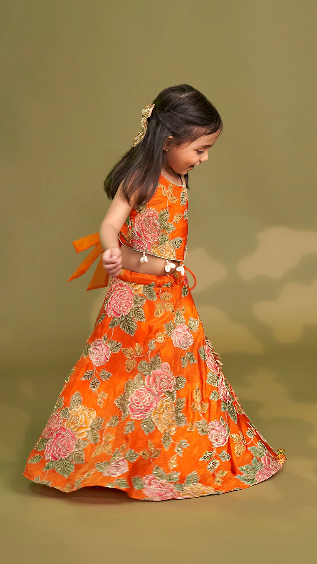 Elegant Orange Floral Printed Top With Lehenga And Dupatta - Image 4