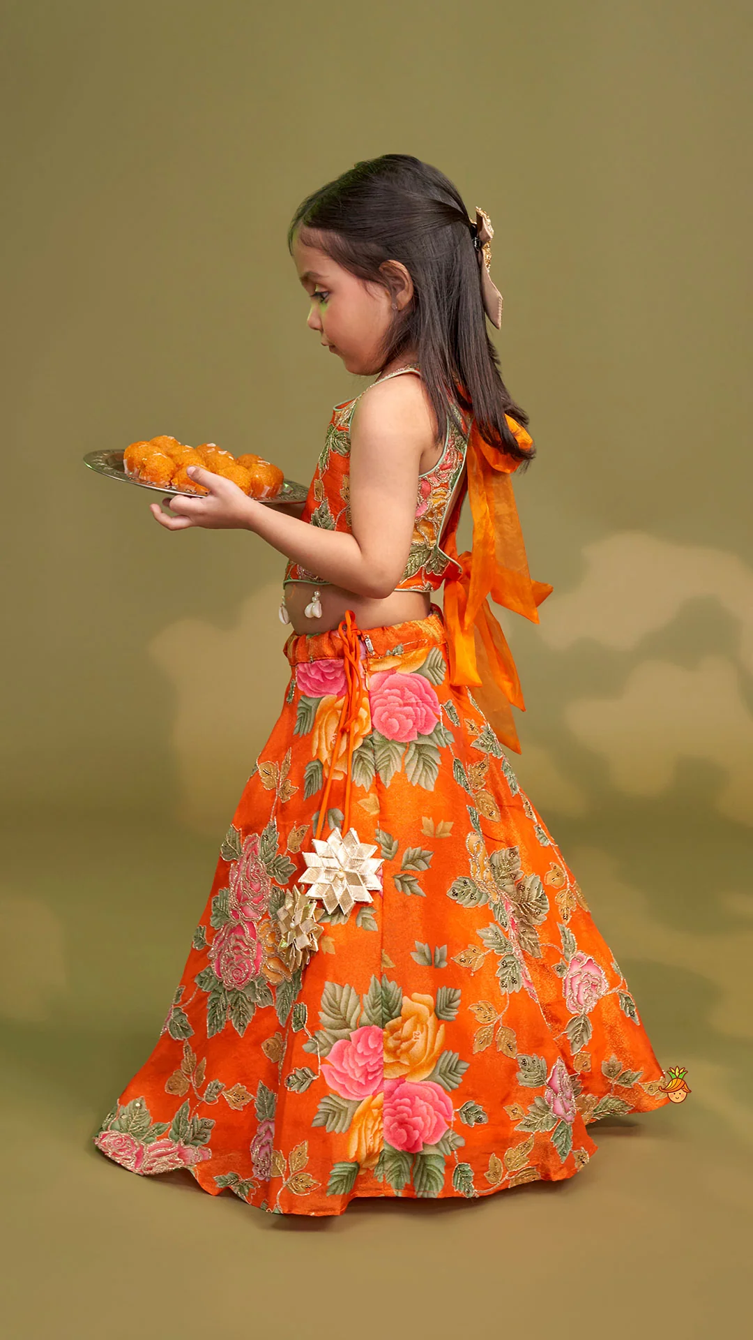 Elegant Orange Floral Printed Top With Lehenga And Dupatta - Image 5