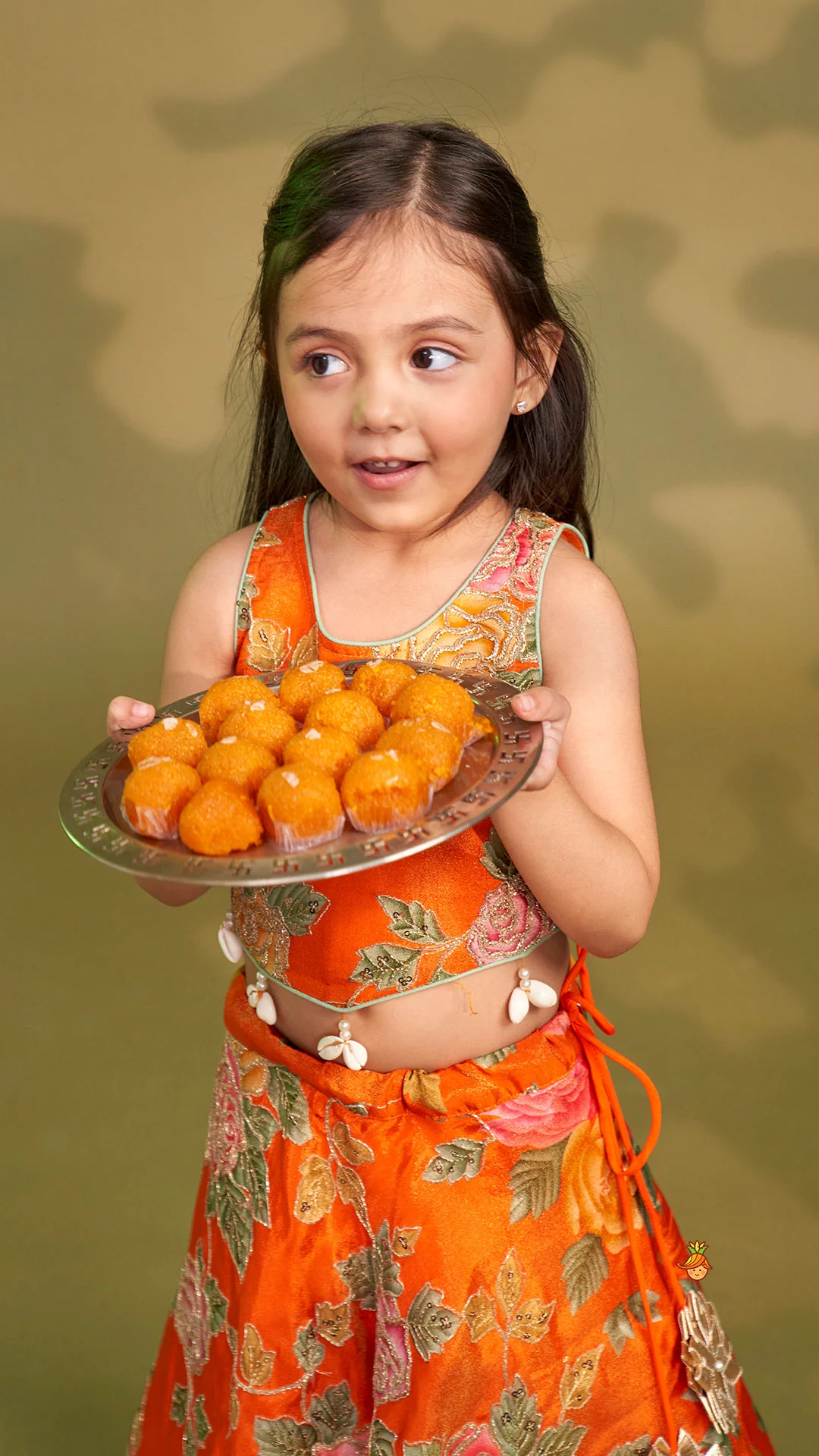 Elegant Orange Floral Printed Top With Lehenga And Dupatta - Image 6